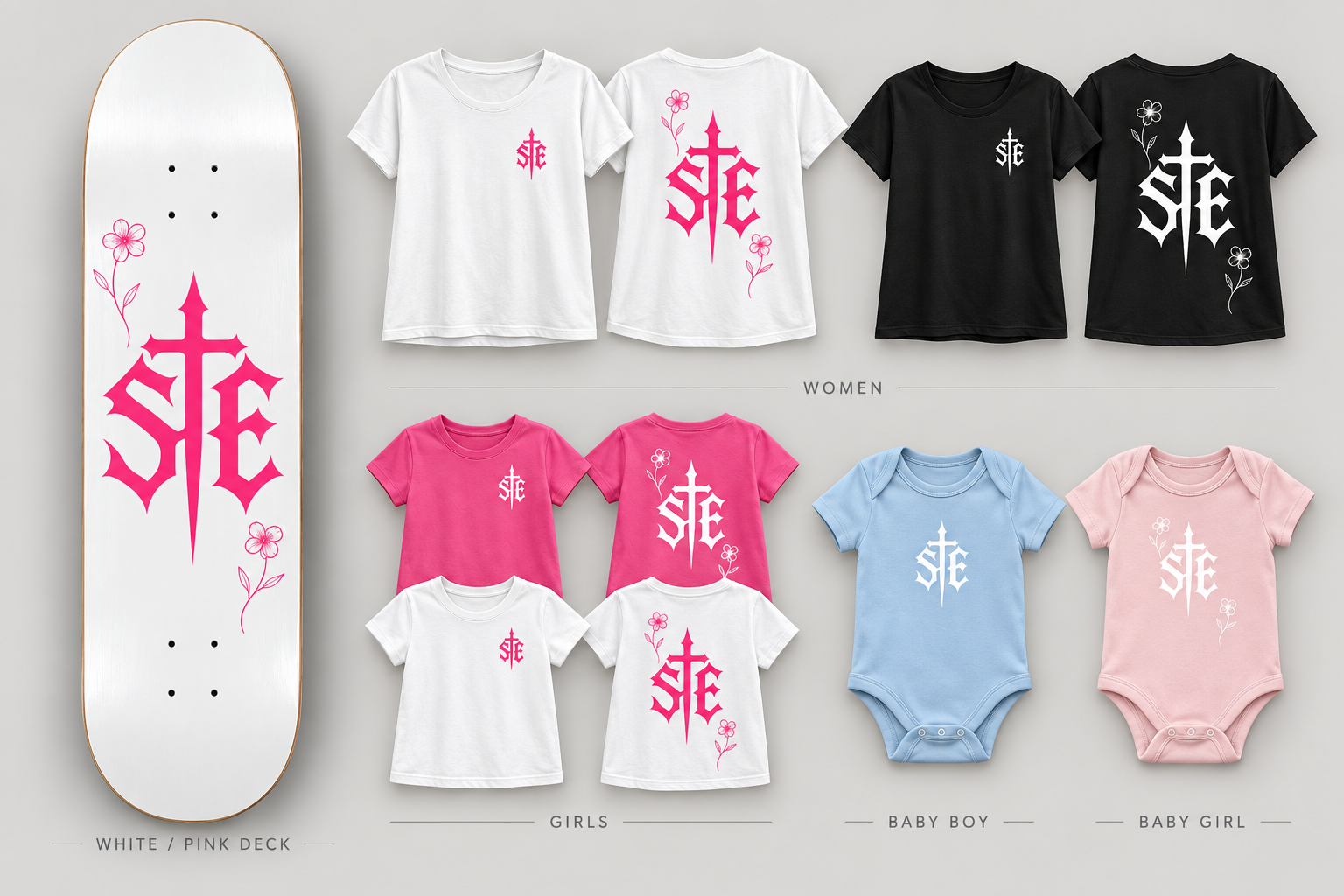 White deck with pink SE cross and pink flowers